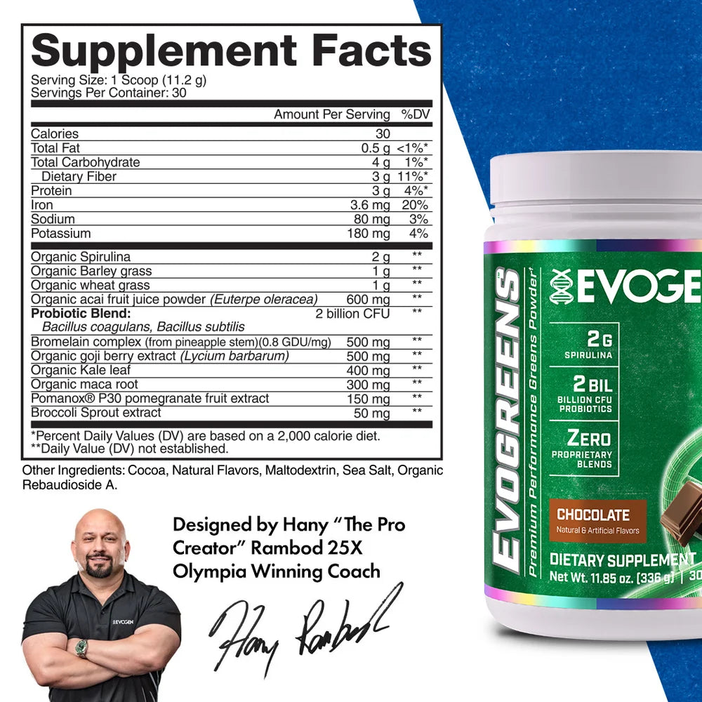 Evogen Evogreens 30 Servicios. Suplemento de Vegetales en Polvo informacion nutricional