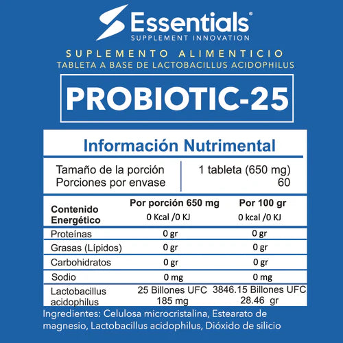 Essentials Probióticos 25 Billones 60 Capsulas Informacion nutricional