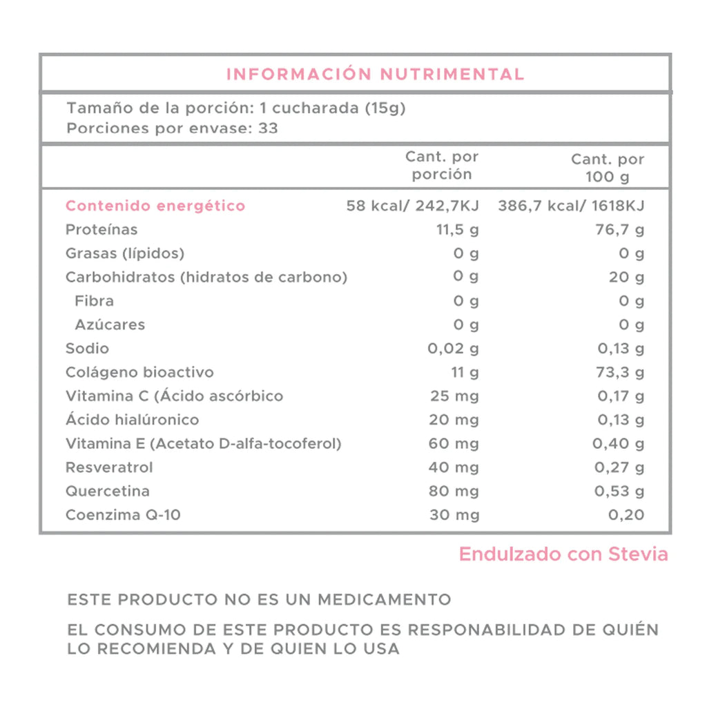 CaroFit Colageno Hidrolizado + Vit C Y Acido Hialuronico 33 Serv informacion nutricional