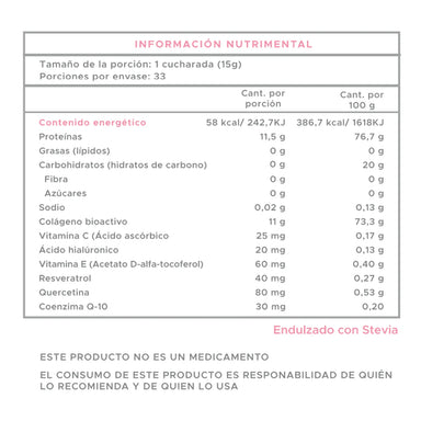 CaroFit Colageno Hidrolizado + Vit C Y Acido Hialuronico 33 Serv informacion nutricional