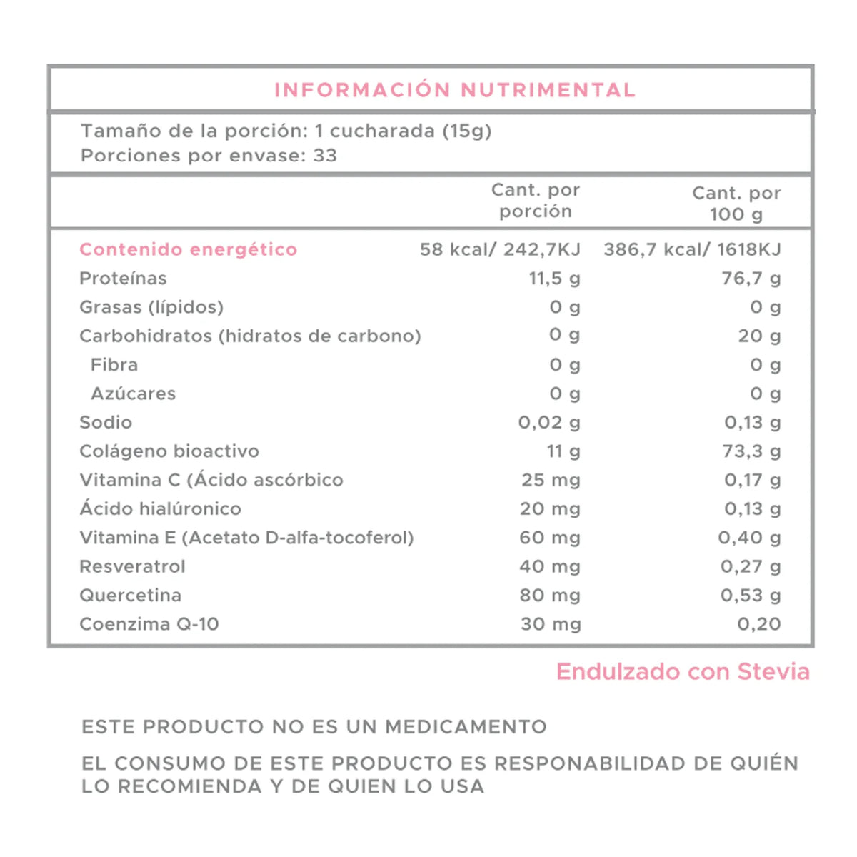 CaroFit Colageno Hidrolizado + Vit C Y Acido Hialuronico 33 Serv informacion nutricional
