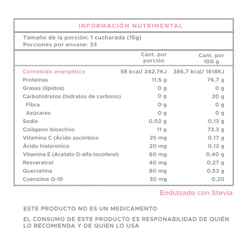 CaroFit Colageno Hidrolizado + Vit C Y Acido Hialuronico 33 Serv informacion nutricional
