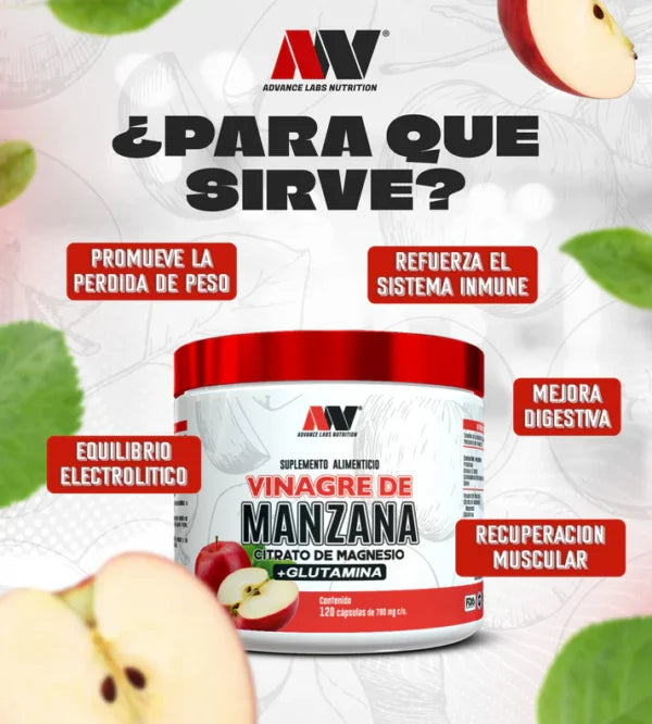 Advance Nutrition Vinagre de Manzana Citrato de Magnesio Glutamina 120 Tabs Portada 2