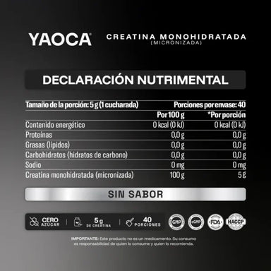 YAOCA Creatina Monohidratada 200gr 40 Servicios Sin Sabor Informacion nutricional