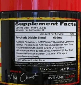 Insane Labz Psychotic Diablo 219g 60 servicios informacion nutricional