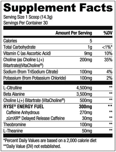 Ryse Loaded Pre Entreno Kool-Aid 30 Servicios informacion nutricional 2