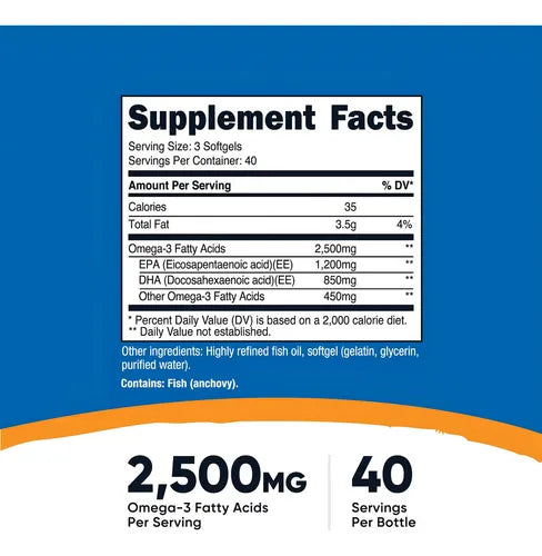 Nutricost Omega 3 2500 Mg 120 Capsulas (1200mg EPA/ 850mg DHA) informacion nutricional