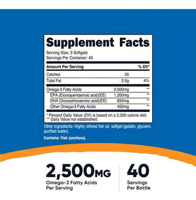 Nutricost Omega 3 2500 Mg 120 Capsulas (1200mg EPA/ 850mg DHA) informacion nutricional