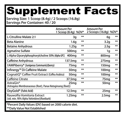 Insane Labz Psychotic X Pre Entreno 40 Servicios Informacion nutricional