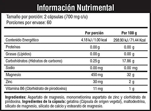 Vitaminas Musclefit Zma 120 Capsulas Zinc Magnesio Vit B6 informacion nutricional