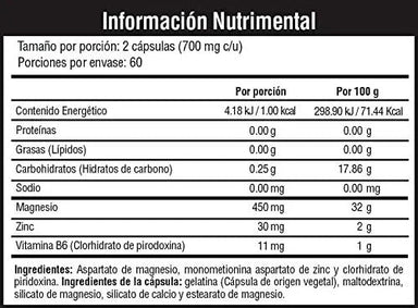 Vitaminas Musclefit Zma 120 Capsulas Zinc Magnesio Vit B6 informacion nutricional
