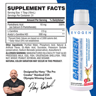 Evogen Carnigen Carnitina Liquida 31 Servicios informacfion nutricional