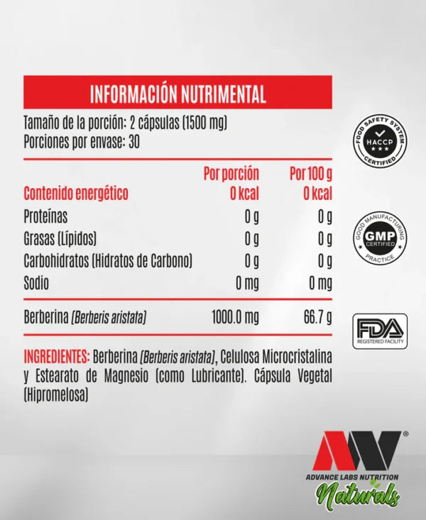 Advance Nutrition Berberina 60 Tabs Informacion nutricional