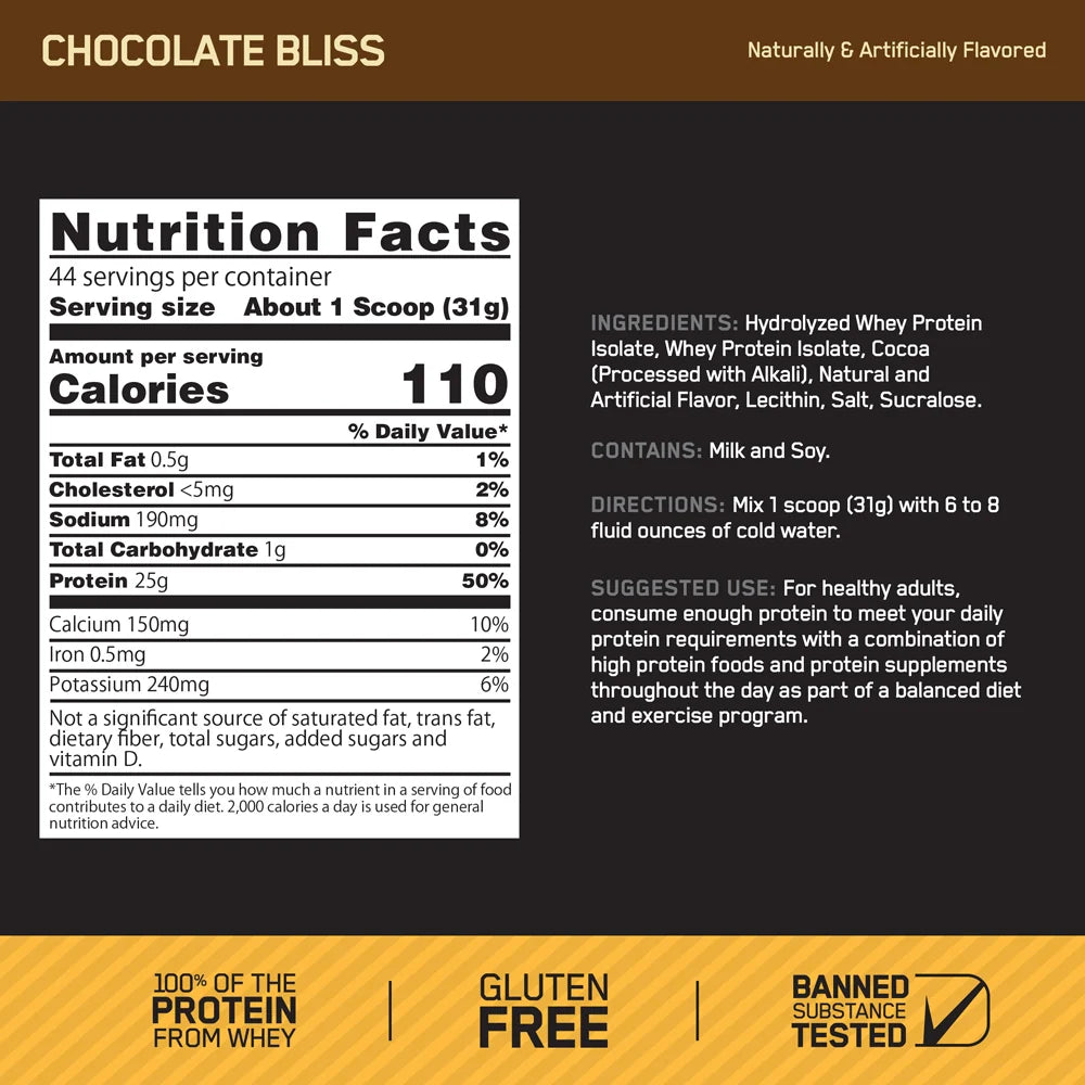 Optimum Nutrition Proteina Gold Standard 100% Isolate 3 Lbs informacion nutricional