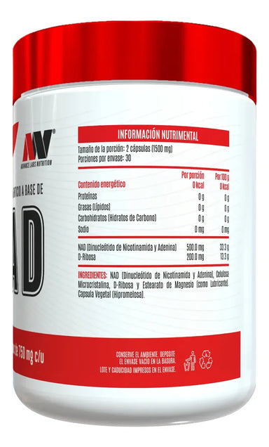 Advance Nutrition NAD 750mg 60 Capsulas Informacion nutricional