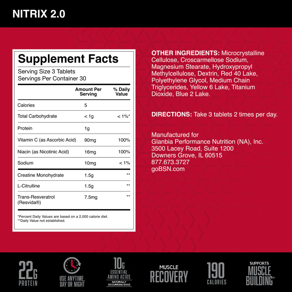 BSN Nitrix 2.0 90 Tabletas informacion nutricional