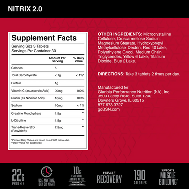 BSN Nitrix 2.0 90 Tabletas informacion nutricional