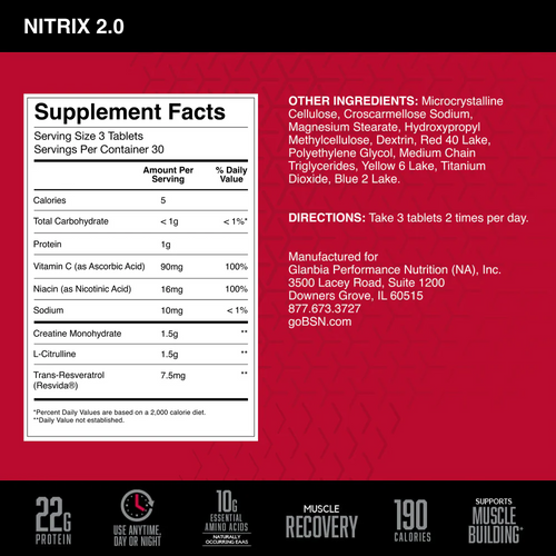 BSN Nitrix 2.0 90 Tabletas informacion nutricional