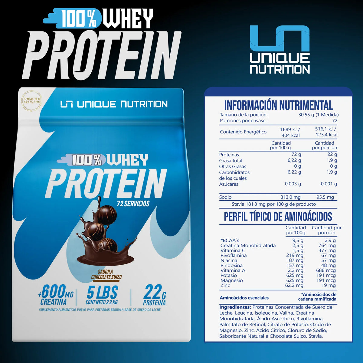Unique Nutrition whey Protein 5lb + Creatina Monohidratada 50gr Informacion nutricional