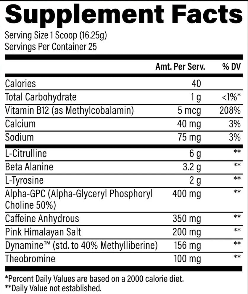 Raw Nutrition Bum Essentials Charged Pre Entreno 25 Servicios informacion nutricional