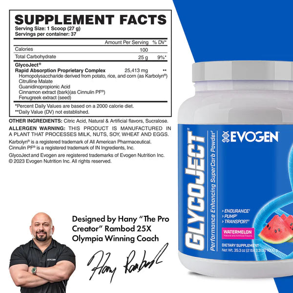 Evogen Glycoject 2 Lbs 37 Servicios. Supercarbohidratos informacion nutricional