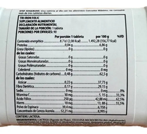 Nutrilite Tri Iron Folic 90 Tabletas Informacion nutricional
