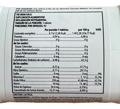 Nutrilite Tri Iron Folic 90 Tabletas Informacion nutricional