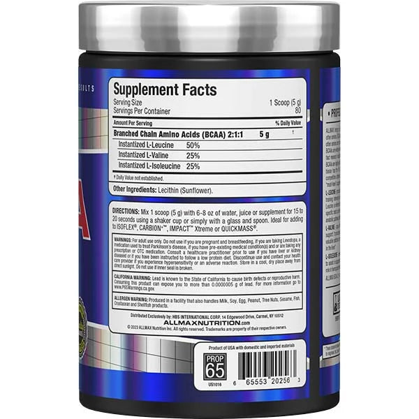 Allmax BCAA 2:1:1 400 Gramos Aminoacidos Informacion nutricional
