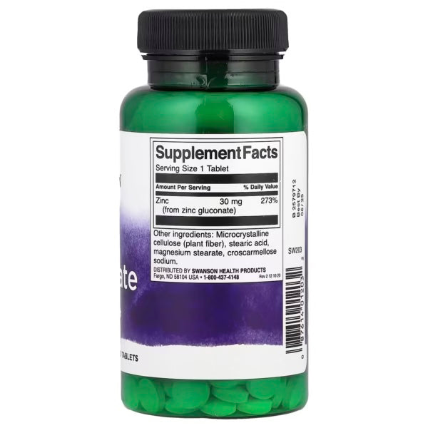Swanson Zinc Gluconate 30 Mg 250 Tabletas Informacion nutricional