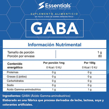 Essentials GABA (acido gamma-aminobutirico) 80g 80 servicios Informacion nutricional
