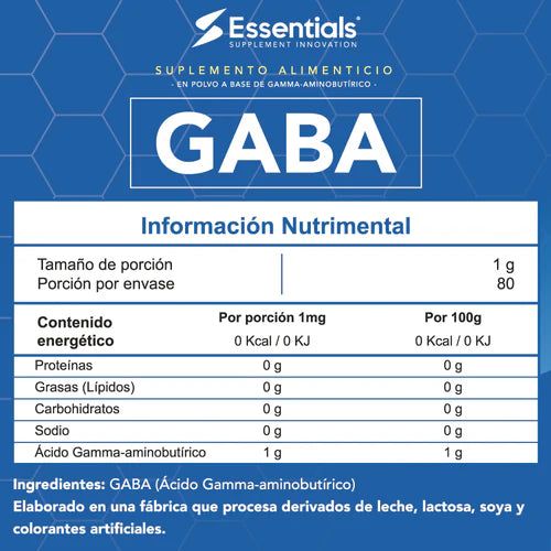 Essentials GABA (acido gamma-aminobutirico) 80g 80 servicios Informacion nutricional