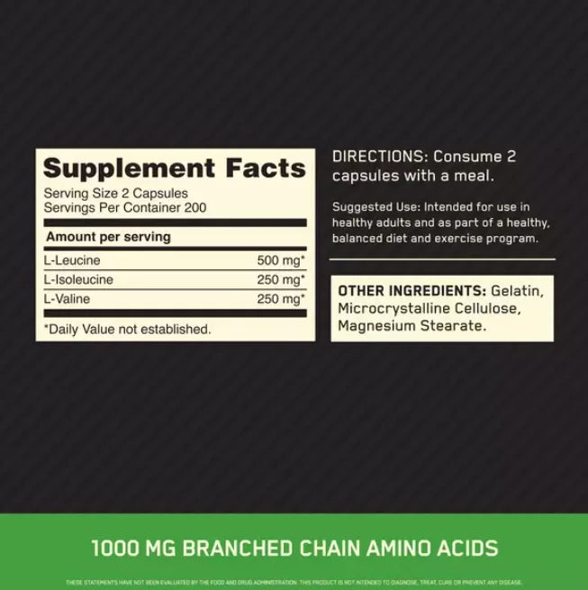 Optimum Nutrition BCAA 1000 400 cap informacion nutricional