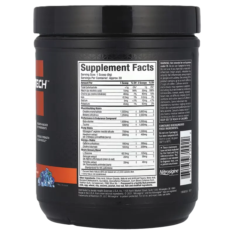 Muscletech Vapor X5 266g 30 servicios informacion nutricional