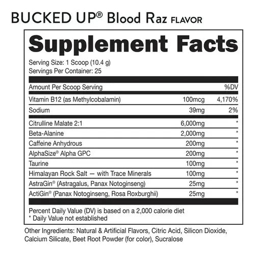 Bucked Up Pre Entreno 25 Servicios informacion nutricional