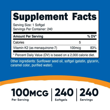 Nutricost Vitamina K2 MK-7 240 Cápsulas blandas informacion nutricional