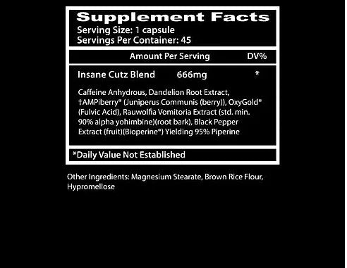 Insane Labz Insane cutz Quemador 45 capsulas informacion nutricional