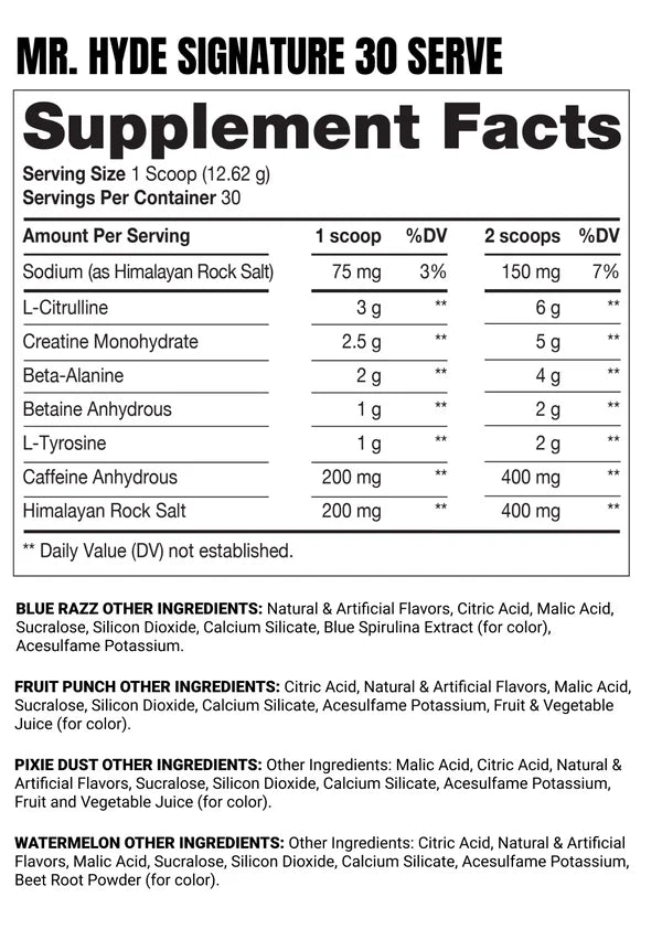 Prosupps Mr. Hyde Signature Pre Entreno 30 servicios informacion nutricional