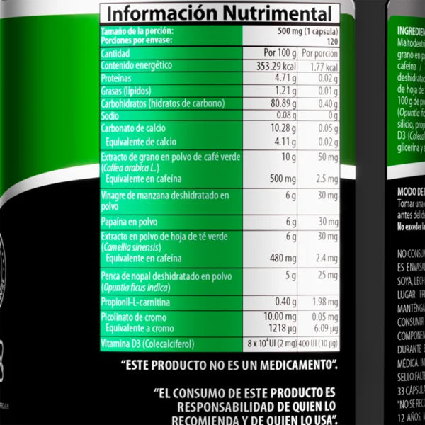 Natural Health Green Cofee 120 Capsulas Informacion nutricional