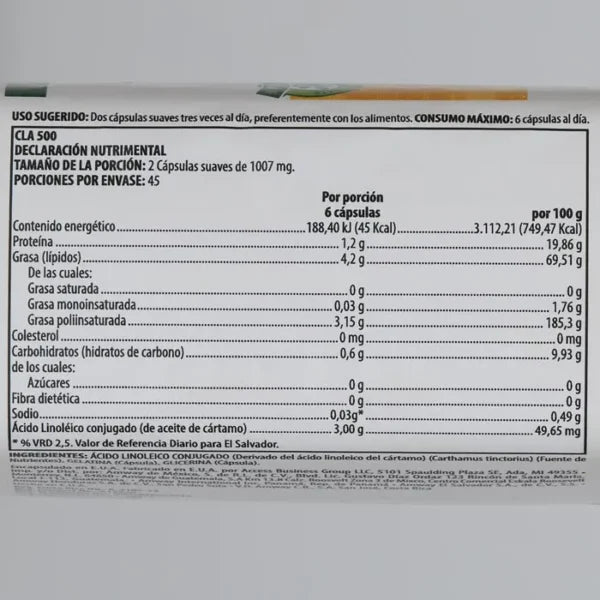 Nutrilite Cla 500 Acido Linoleico 90 Capsulas Informacion nutricional