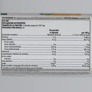Nutrilite Cla 500 Acido Linoleico 90 Capsulas Informacion nutricional