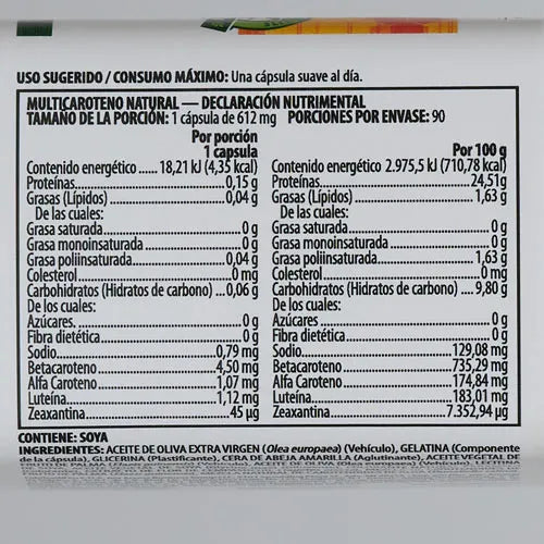 Nutrilite Multicaroteno Natural 90 Capsulas Informacion nutricional