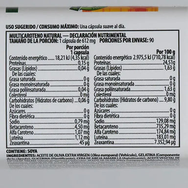 Nutrilite Multicaroteno Natural 90 Capsulas Informacion nutricional