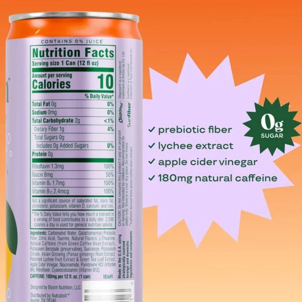 Bloom Sparkling Energy 12oz 12 pack Informacion nutricional