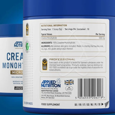 Applied Nutrition Creatina Monohidratada 250gr 50 srv Informacion nutricional