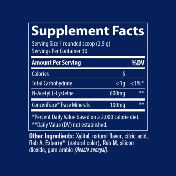 Trace Minerals NAC Powder Suplemento en polvo de N-acetil cisteína 30 Porciones Informacion nutricionall