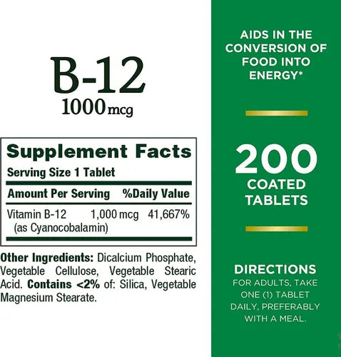 Nature's Bounty B-12 1000mcg 100 tabletas Informacion nutricional