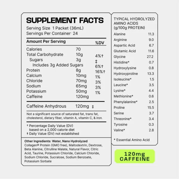 Frog Fuel Ultra Energized Pre-Workout Caffeine 24 shots Mixed Berry Informacion nutricional