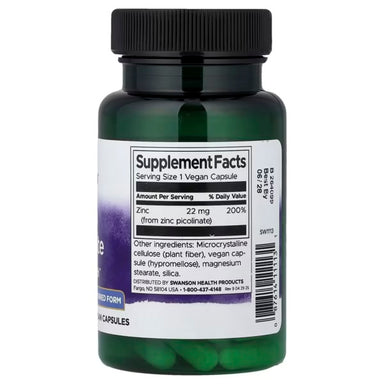 Swanson Zinc Picolinate 22 Mg 60 Veg Capsulas Informacion nutricional