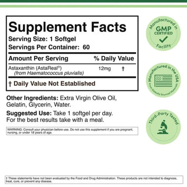 Double Wood Astaxantina (astareal) 12 Mg 60 Softgels Informacion nutricional