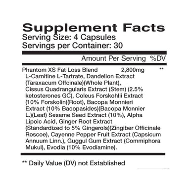Nubreed Phantom XS 120 capsulas informacion nutricional
